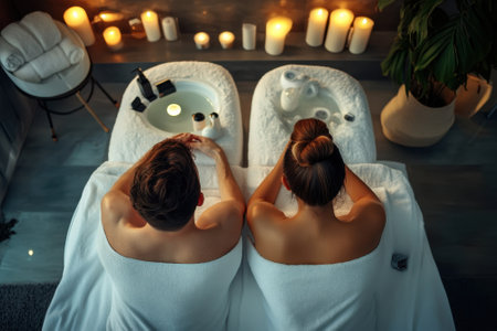 A couple enjoys a tranquil spa session with candles and soothing treatments in a peaceful atmosphere.の写真素材