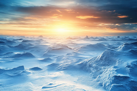 Snow-covered terrain stretches endlessly under a colorful sunrise and textured clouds in the sky.の写真素材