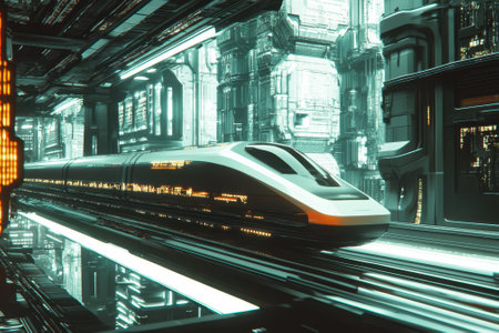 A sleek high-speed train is positioned in an advanced urban station filled with vivid lighting and technology.の写真素材