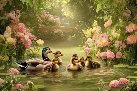 Colorful flowers surround a small pond where a mother duck leads her ducklings in search of food.の写真素材