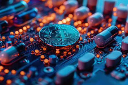 A Bitcoin sits atop a shiny circuit board surrounded by illuminated electronic components at night.の写真素材
