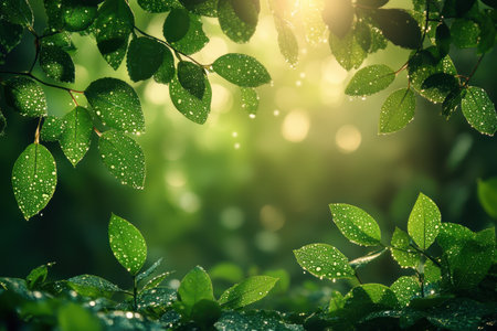 Bright sunlight illuminates fresh green leaves with raindrops, creating a serene forest atmosphere.の写真素材
