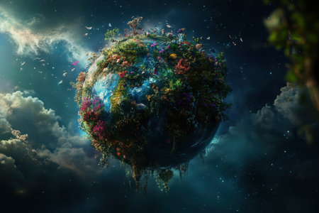 A small, lush planet teeming with colorful plants and flowers drifts through a star-filled night sky.の写真素材