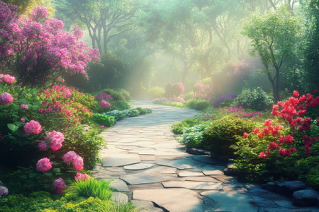 Colorful blossoms fill the path in a tranquil garden bathed in soft morning light, inviting exploration.の写真素材