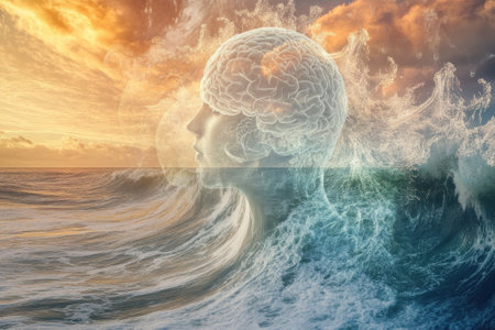 A serene ocean scene combines a human silhouette with a brain, expressed through flowing waves and a vibrant sunset.の写真素材