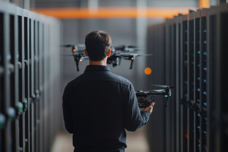 A person is operating a drone while surrounded by rows of storage units, showing advanced technology.の写真素材