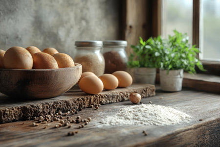 A rustic kitchen table features fresh eggs, flour, seeds, and herbs in jars by a sunny window.の写真素材