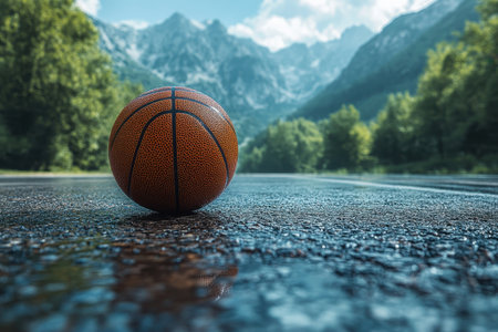 A basketball sits on a wet road, framed by majestic mountains and vibrant greenery during the day.の写真素材