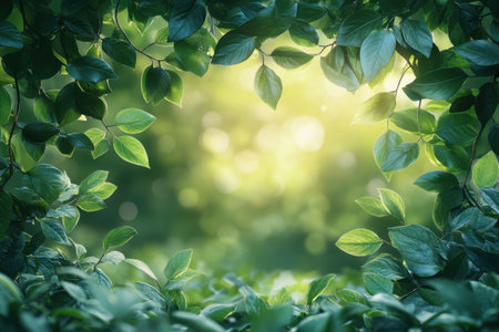Vibrant green foliage surrounds a tranquil, illuminated forest space during morning hours.の写真素材