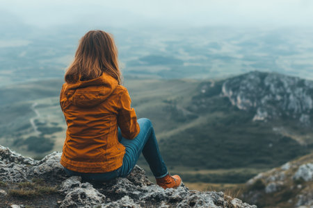 A woman enjoys the panoramic view of a green valley from a rocky ledge while cloudy skies loom above.の写真素材