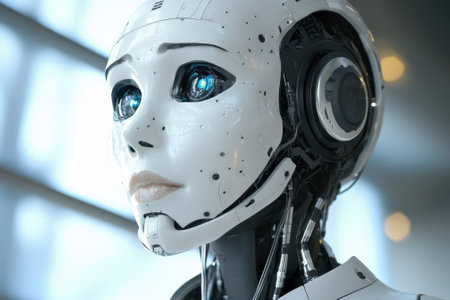 A humanoid robot with detailed facial features and blue eyes is displayed in a modern environment.の写真素材