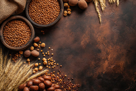 Multiple bowls filled with a variety of seeds, nuts, and grains arranged on a textured tabletop.の写真素材