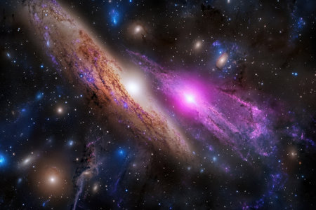 Two galaxies merge in deep space, showing vibrant pink and white hues among countless stars.の写真素材