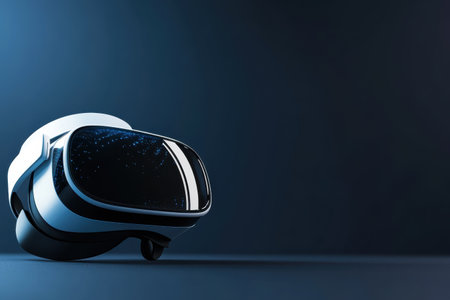 A modern virtual reality headset lies on a smooth surface, displaying its sleek design and futuristic features.の写真素材