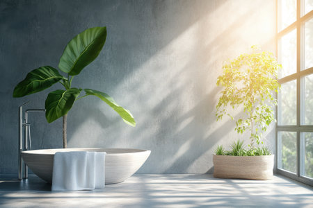 A spacious bathroom features a large soaking tub alongside vibrant plants illuminated by warm sunlight.の写真素材