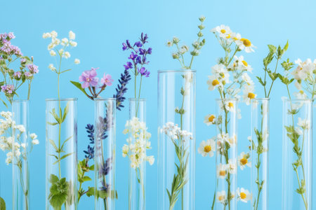 Various flowers are displayed in clear glass tubes on a bright blue background, showing their natural beauty.の写真素材