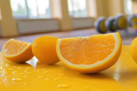 Juicy orange slices rest on a bright surface with droplets, showing vibrant color and freshness.の写真素材