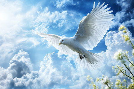 A beautiful white bird glides gracefully in a vibrant sky filled with clouds, showcasing nature's elegance and freedom.の写真素材