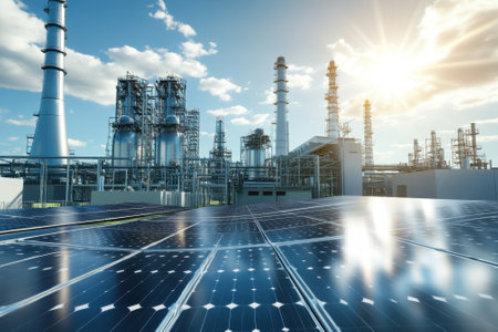 Solar panels capture sunlight, providing energy to surrounding industrial facilities against a bright sunset sky.の写真素材