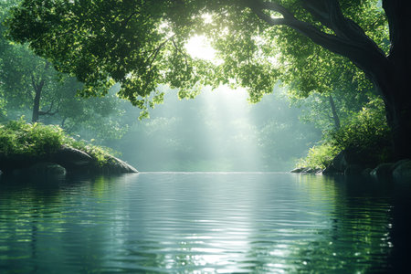 Sunlight streams through lush green leaves, illuminating a tranquil lake surrounded by trees at dawn.の写真素材