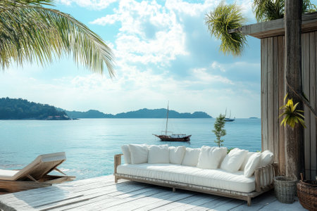 A cozy seating area is set by calm waters under a sunny sky, inviting relaxation and peace.の写真素材