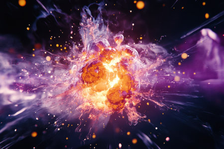 A vivid explosion emanates vibrant colors, showing dynamic motion and energy in a dark background.の写真素材