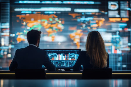 Two experts assess geopolitical data and analytics on a large digital display in a sleek office.の写真素材