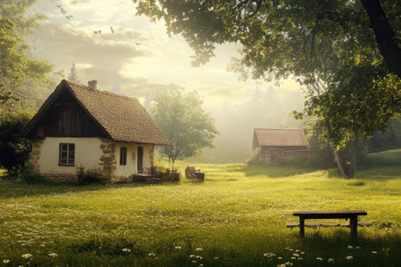 A quaint cottage nestled in a vibrant green landscape during the early morning light, exuding tranquility.の写真素材