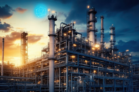 A large industrial facility is bathed in warm sunset light, showing its complex piping and towers.の写真素材