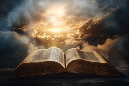 An open book lies on a table as golden sunlight illuminates dark clouds during sunset, creating a serene atmosphere.の写真素材