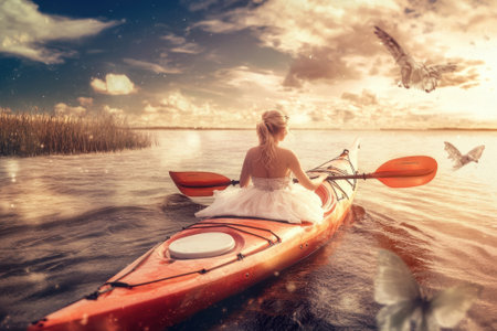 A woman in a flowing white dress relaxes in a kayak, surrounded by butterflies and sparkling water.の写真素材