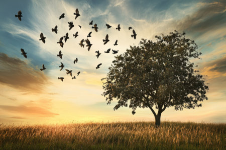 A large tree stands in a golden field as birds soar into the colorful sky during sunset.の写真素材