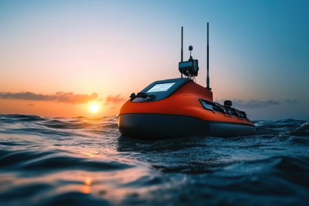 Remote-controlled orange boat glides through tranquil ocean waves at sunset, capturing a serene moment.の写真素材