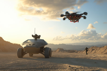 A futuristic rover sits on rocky terrain while a drone hovers above, with a person observing the scene.の写真素材