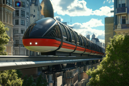 A sleek monorail travels smoothly above a vibrant urban landscape, showcasing innovative architecture and greenery.の写真素材