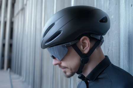 A cyclist in a black helmet and sunglasses focuses quietly next to a textured gray wall in an urban setting.の写真素材