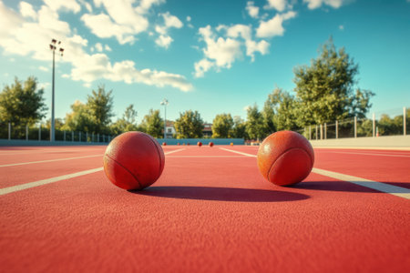 Two basketballs lie on a vibrant red court surrounded by trees, with a clear blue sky above.の写真素材