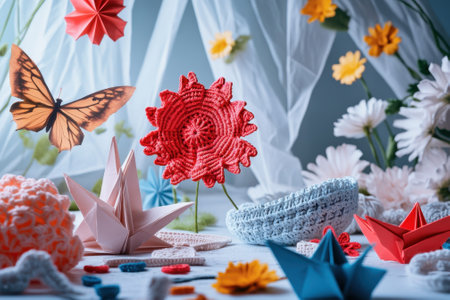 Various handmade crafts created with paper and yarn showcase vibrant colors and intricate designs.の写真素材