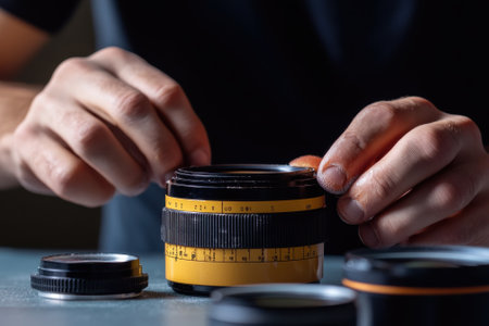 Craftsman carefully fixes a camera lens using precision tools in a dimly lit workshop environment.の写真素材