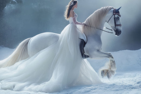 A bride in a stunning white gown rides a beautiful horse through a wintry landscape, evoking magic.の写真素材