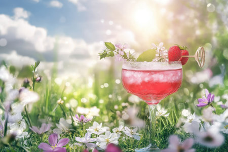 A colorful cocktail garnished with strawberries and mint residues in a vibrant flower garden at sunset.の写真素材