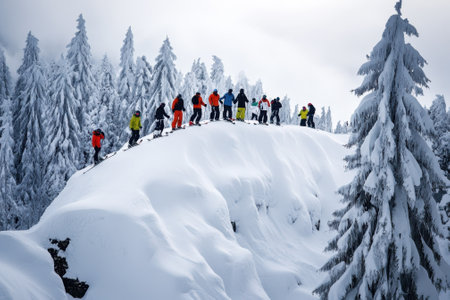 A group of skiers stands atop a snow-covered ridge surrounded by pine trees on a cloudy winter day.の写真素材