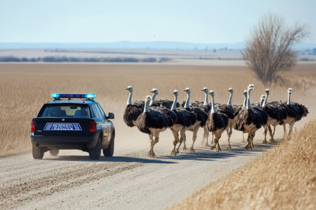 A police vehicle drives slowly behind a group of ostriches walking down an unpaved road under clear skies.の写真素材