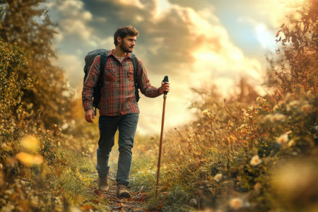 A hiker walks along a beautiful trail surrounded by flowers at sunset, enjoying nature's tranquility.の写真素材