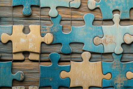 Close-up of interlocking puzzle pieces on a rustic wooden background in shades of blue and yellow.の写真素材