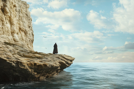 A solitary figure is seen on a rocky cliff, gazing at the tranquil sea under a cloudy sky at twilight.の写真素材