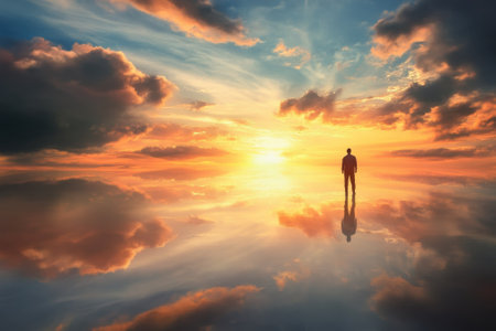 A person stands alone amid a breathtaking sunrise, surrounded by vibrant colors and reflections on water.の写真素材