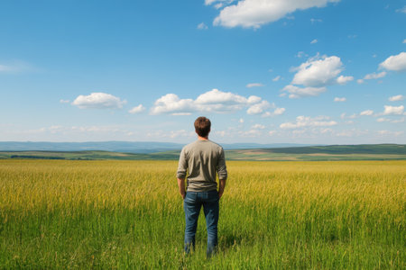 A man gazes over a golden field towards distant hills, surrounded by a bright blue sky and scattered clouds.の写真素材