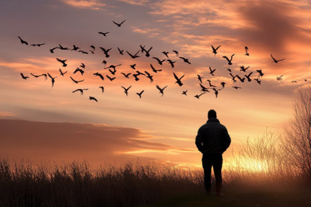 A person stands still as a flock of birds takes flight against a vibrant sunset sky, creating a serene moment.の写真素材