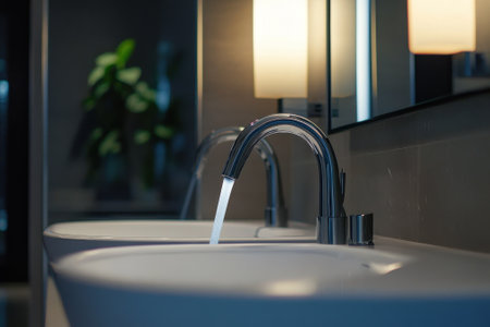 Two modern sinks in a stylish bathroom with water flowing from the taps, creating a serene atmosphere.の写真素材